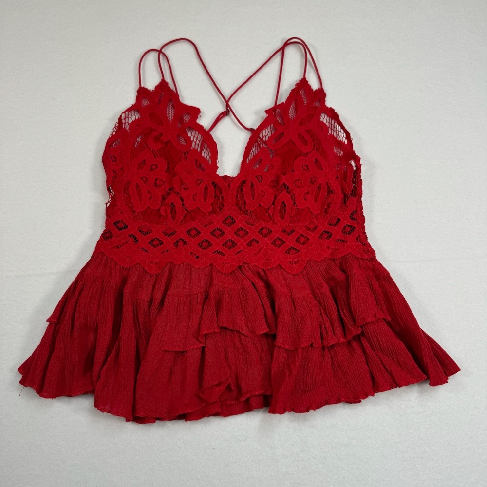 Free People One Adella Camisole Womens Sz M Lace V Neck Ruffle Stack Bottom Red